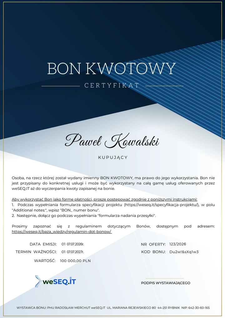 Bon kwotowy weSEQ.IT - certyfikat na usługi sekwencjonowania NGS